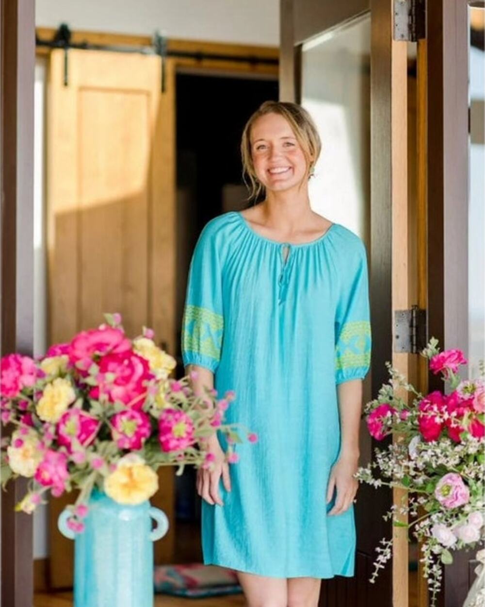 The Pioneer Woman Blue Peasant Dress Tie Neck 3/4 Sleeve Embroidered Boho